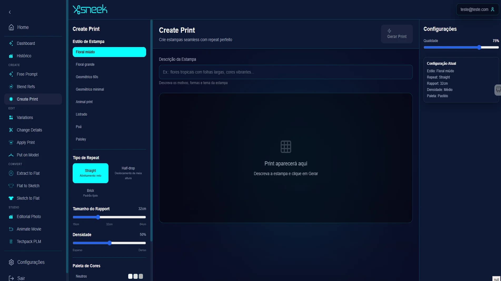 Screenshot do projeto Sneek · Editor de Estampas